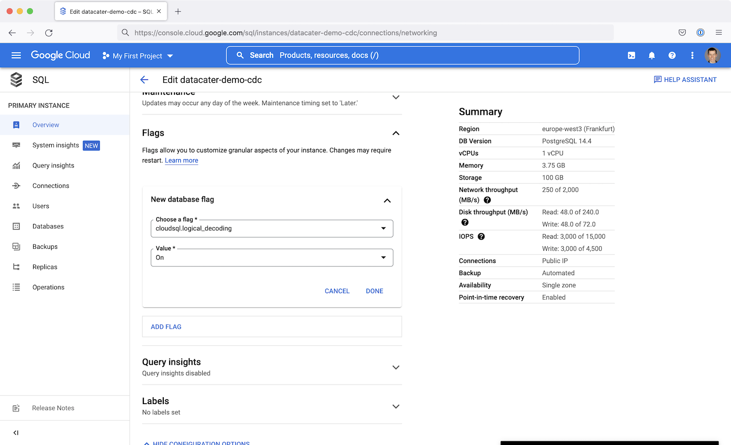 Cloud SQL enable logical replication.