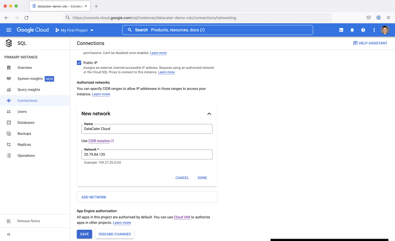 Cloud SQL Networking config.