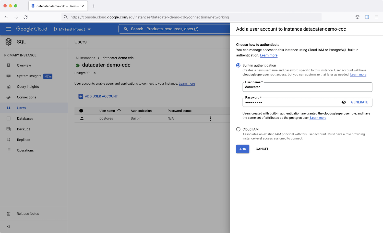 Cloud SQL add new user.